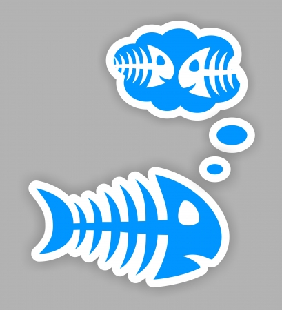 sad thinking blue fish bone stickers with shadowの写真素材