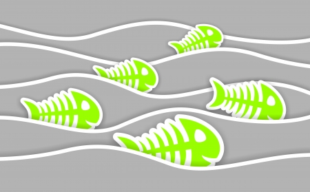 background with cartoon green fish bone in gray wavesの写真素材