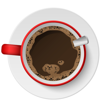 vector realistic red coffee cup with coffee and coffee spoonのイラスト素材