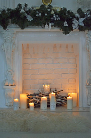 Luxury style home design with fireplaceの写真素材