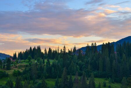 Carpathian mountains with forest and rural housesの写真素材