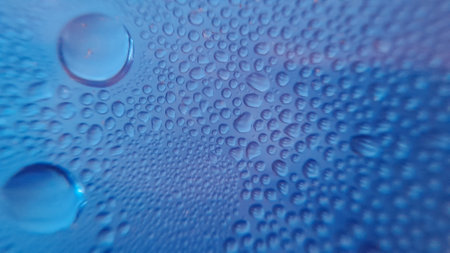 Water drops on blue background. Water drops texture. Close up.