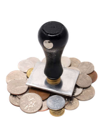 Rubber stamp with coins (several country) to show exchange Finance import export , Verticalの写真素材