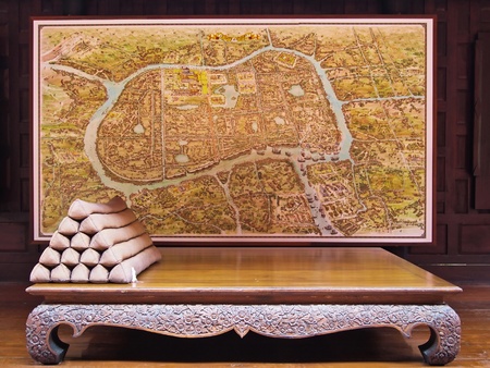 Wood Chair & backrest with Map of Ayutthaya was a Siamese kingdom that existed from 1351 to 1767. Ayutthaya was old kingdom of Thailandの写真素材