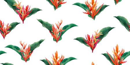 watercolor painting bird of paradise blooming flowers,colorful seamless pattern on white...