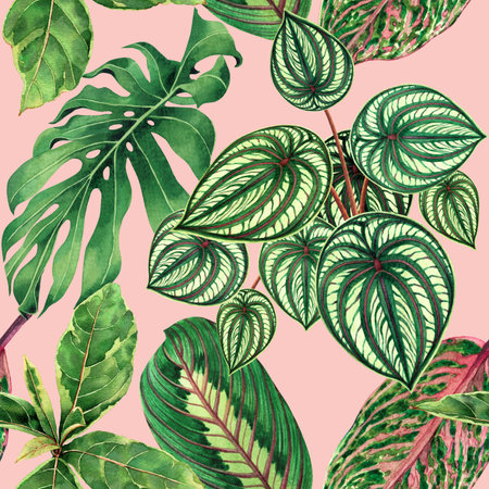 Watercolor painting colorful tropical palm leaf,green leaves seamless pattern background.Watercolor hand drawn illustration tropical exotic leaf prints for wallpaper,textile Hawaii aloha jungle style.の写真素材