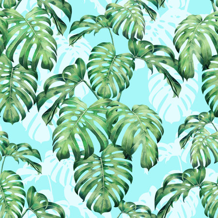 Watercolor painting monstera leaves seamless pattern on blue background.Watercolor hand drawn illustration tropical exotic leaf prints for wallpaper,textile jungle pattern.の写真素材