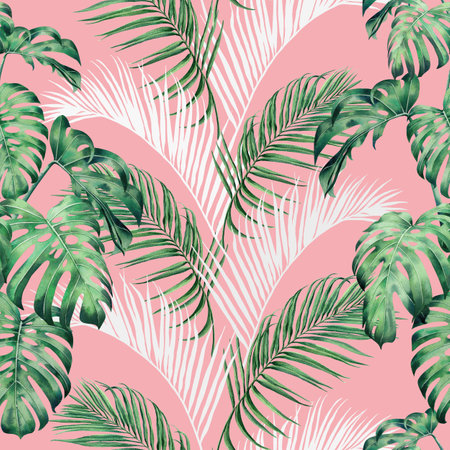 Watercolor painting monstera,palm leaves seamless pattern on pink background.Watercolor hand drawn illustration tropical exotic leaf prints for wallpaper,textile aloha jungle pattern.の写真素材