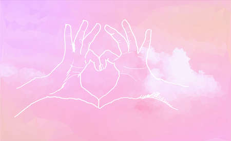 Pastel on clouds. All you need is love. Hands in the form of heart. Vector illustration.のイラスト素材