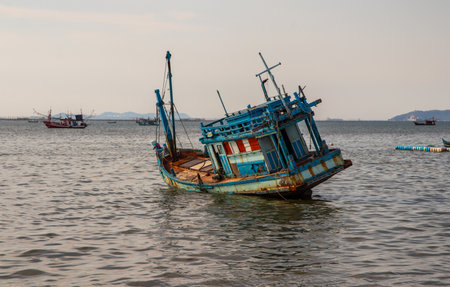 an old ship on the sea in the Gulf of Thailand