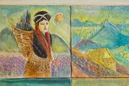 a picture on the wall , at do from a stone paints and indicate Thai way North life of the country ,の写真素材