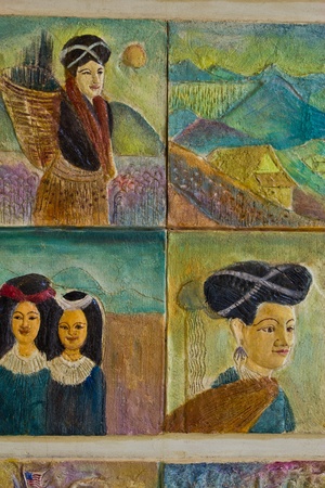 a picture on the wall , at do from a stone paints and indicate Thai way North life of the country ,の写真素材