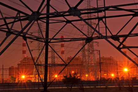bangpakong electric power on night at chonburi thailandの写真素材