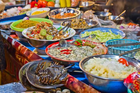 great quantity of fresh seafood on fish market in chonburi thailandの写真素材