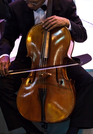 playing the violin. Musical instrument with performer hands on dark background.の写真素材