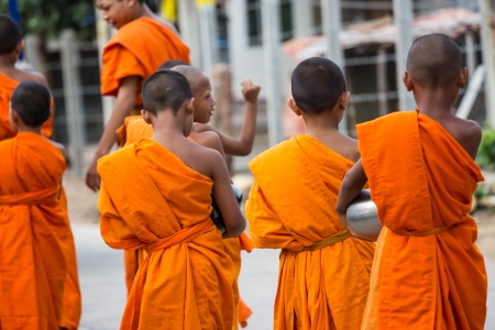 close up of a group of young Buddhist novice monks walkingのeditorial素材