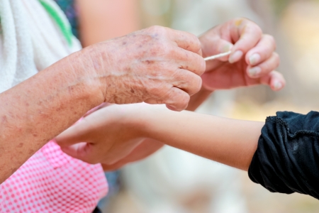 wrist tying with the ceremonial threadの写真素材