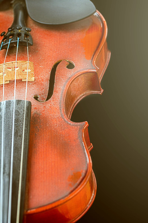 Close up of shiny violin on wooden table, isolated on black background, with clipping pathの写真素材
