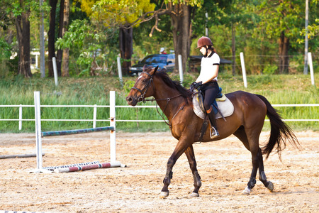 Beautiful teenager girl in brown dress riding brown horseの写真素材
