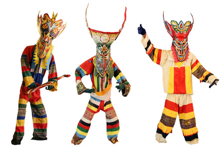 Phi Ta Khon Festival on June in Loei, Thailand. Young people dress in spirit and wear a mask, sing and danceの写真素材