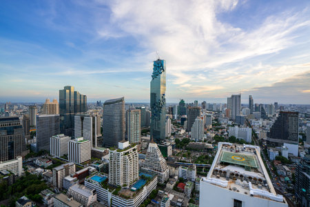 Bangkok City - Aerial view  Bangkok city urban downtown skyline tower of Thailand on blue sky background , City scape Thailandの写真素材