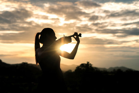 silhouette Violin woman player on sunset backgroundの写真素材