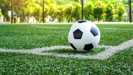 soccer Football on Corner kick line of ball and a soccer field , football field , background texture