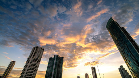 Beautiful sunset of the Metropolitan Bangkok City downtown cityscape urban , Cityscape Bangkok city Thailandの写真素材
