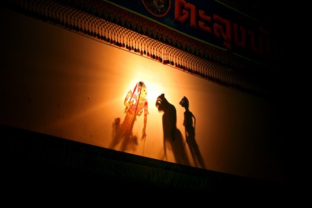The shadow theater of Southern Thailand. Traditional Thai performances.の写真素材