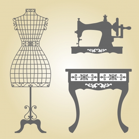 Vintage Mannequin and Sewing Machine  Vintage Wooden Mannequin  Vintage Wrought Iron Mannequin in Floral Frame  Vintage Sewing Machine Sillhouette のイラスト素材