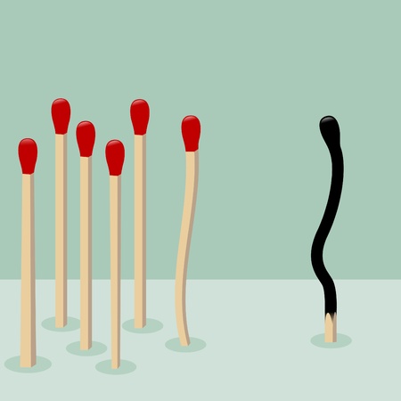 Being different,taking risky,bold move for success in life - Concept vector graphic  The illustration shows Match burn together in one direction while red match taking a risky different way  Vector burnt match and a whole red match isolated のイラスト素材