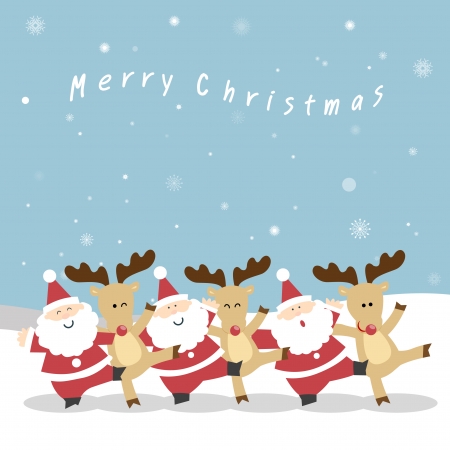 Santa Claus and the reindeer s neck playfully dance to celebrate Christmas  Santa and Reindeer Christmas  vector christmas illustration of santa claus and red nosed reindeer のイラスト素材