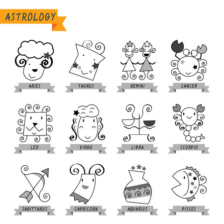 Illustration of the main symbols of astrology isolated and on white background  Set of hand drawn zodiac icons on white background  All in a single layer のイラスト素材