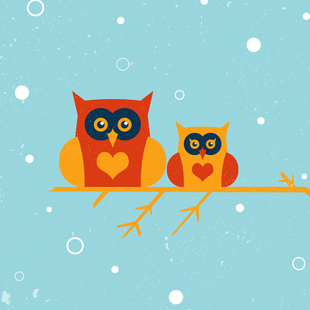 Two owls on the tree  Winter owls   illustration for design  All in a single layer  Snow landscape background のイラスト素材
