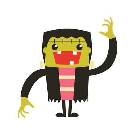 Frankenstein Cartoon. Cute Halloween character. Frankenstein Cartoon on white background. Vintage Halloween Card. Vintage postcard with Frankenstein for halloween. Vector illustration. All in a single layer.のイラスト素材