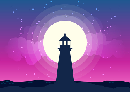 A lighthouse located on top of the mountain background of the moonlight. Lighthouse and moon scenery at night silhouettes vector. Beautiful moonlight background with Lighthouse silhouette. All in a single layer. Vector illustration.のイラスト素材