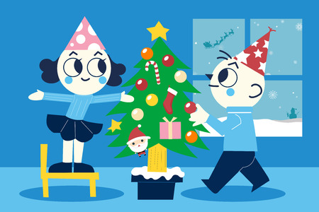 Merry Christmas and a Happy New Year. Young family at Christmas tree. Couple of man and woman. Vector illustration in cartoon style. All in a single layer. Vector illustration.のイラスト素材
