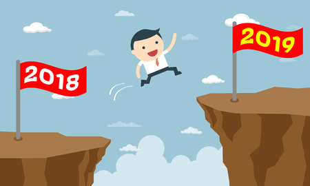 Happy business people jumping from year 2018 to new year 2019. success business concept vector illustration. Creative concept. Vector illustrationのイラスト素材