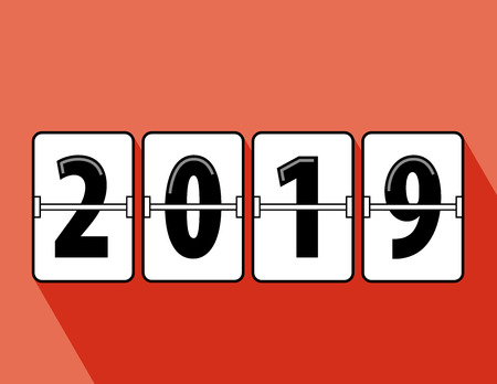 Happy new year 2019 flip clock style. Happy New Year 2019 scoreboard vector illustration. Mechanical clock on digits board panel in flat style. All in a single layer. Vector Illustartion. Elements for design.のイラスト素材