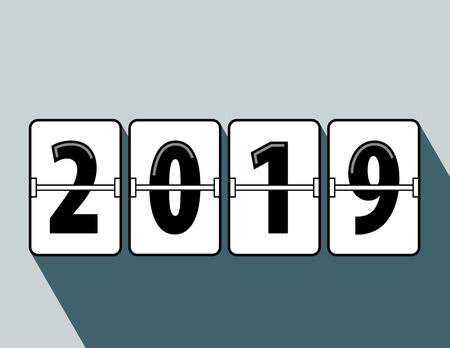 Happy new year 2019 flip clock style. Happy New Year 2019 scoreboard vector illustration. Mechanical clock on digits board panel in flat style. Blue Background. Vector Illustartion. Elements for design.のイラスト素材