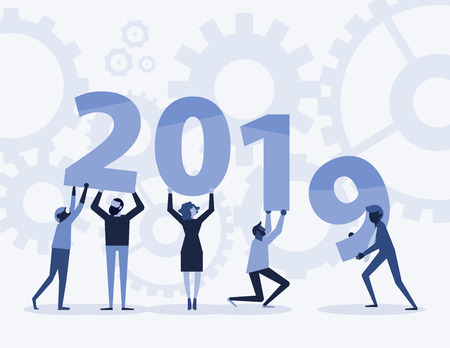 Happy new year 2019 text hold by team in flat style design illustration. new year 2019 illustration on blue background. Creative concept. Vector illustration. Teamwork graphic design.のイラスト素材