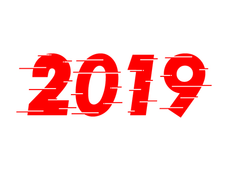 Happy new year 2019 red text design. Dynamic vector unusual number. Speed moving greeting. White Background. Speed style font. vector illustration.のイラスト素材
