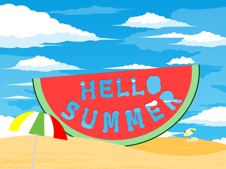 Watermelon slice with text Hello Summer. Summertime concept. Vector illustration. All in a single layer.のイラスト素材