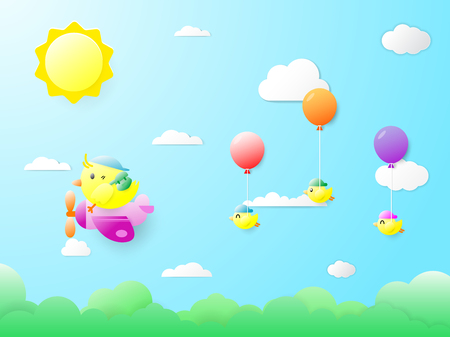 Baby birds, colorful balloons, floating on the mother bird On the day that the bright sky and the sun shone brightly. Birds in paper art. Vector illustration.のイラスト素材