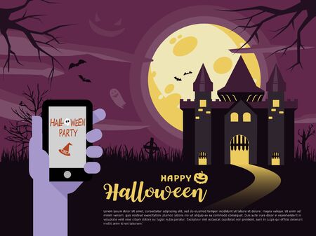 Halloween Night Party. Vector illustration of smart phone. Halloween coordinates the work of smart phones. Phone screen with Pumpkin message. All in a single layer. Vector illustration.のイラスト素材