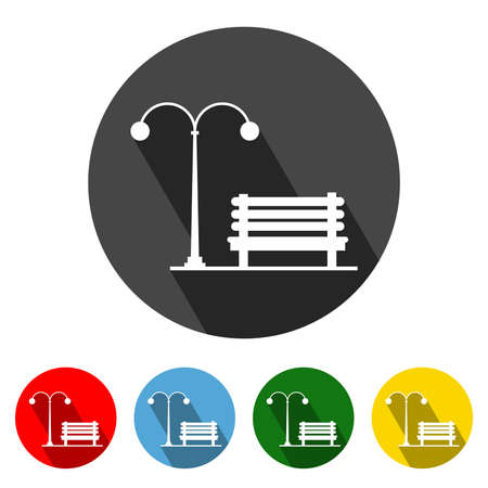 Park Flat Style Icon with Long Shadow. Park icon vector illustration design element with four color variations. Open space glyph icon.. All in a single layer. Elements for design.のイラスト素材