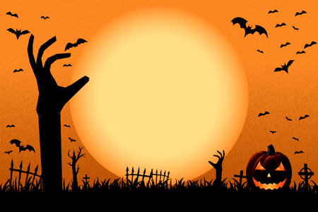 Happy Halloween Background with Zombie Hand and Pumpkin Head. Halloween background with bats flying in the sky. All in a single layer. Vector illustration.のイラスト素材