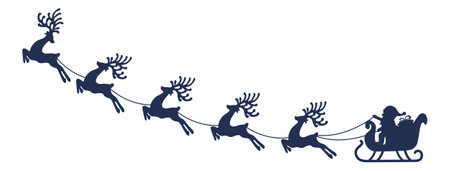 Santa Sleigh. Santa Sleigh Silhouette. Santa Sleigh Illustration. Santa Sleigh Isolated on White Background. Silhouette of Santa Claus riding in a sleigh with reindeer. Dark Blue Christmas Sleigh Santa And Five Flying Reindeers. Vector illustration. Elements for design.のイラスト素材