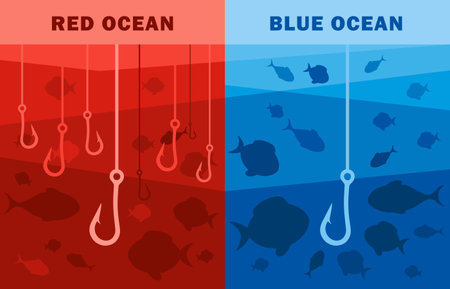 Illustration of red ocean and blue ocean strategy concept business marketing presentation. Blue ocean has a hook less than red ocean meaning blue ocean has less competition in the market. Vector illustration. All in a single layer.のイラスト素材