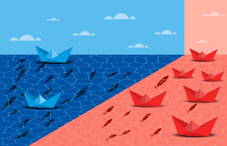 Illustration of Red Ocean and Blue Ocean Strategy Concept business marketing presentation. Blue Ocean compares with Red Ocean. Paper boat sailing on blue ocean design concept. Vector illustration. All in a single layer.のイラスト素材